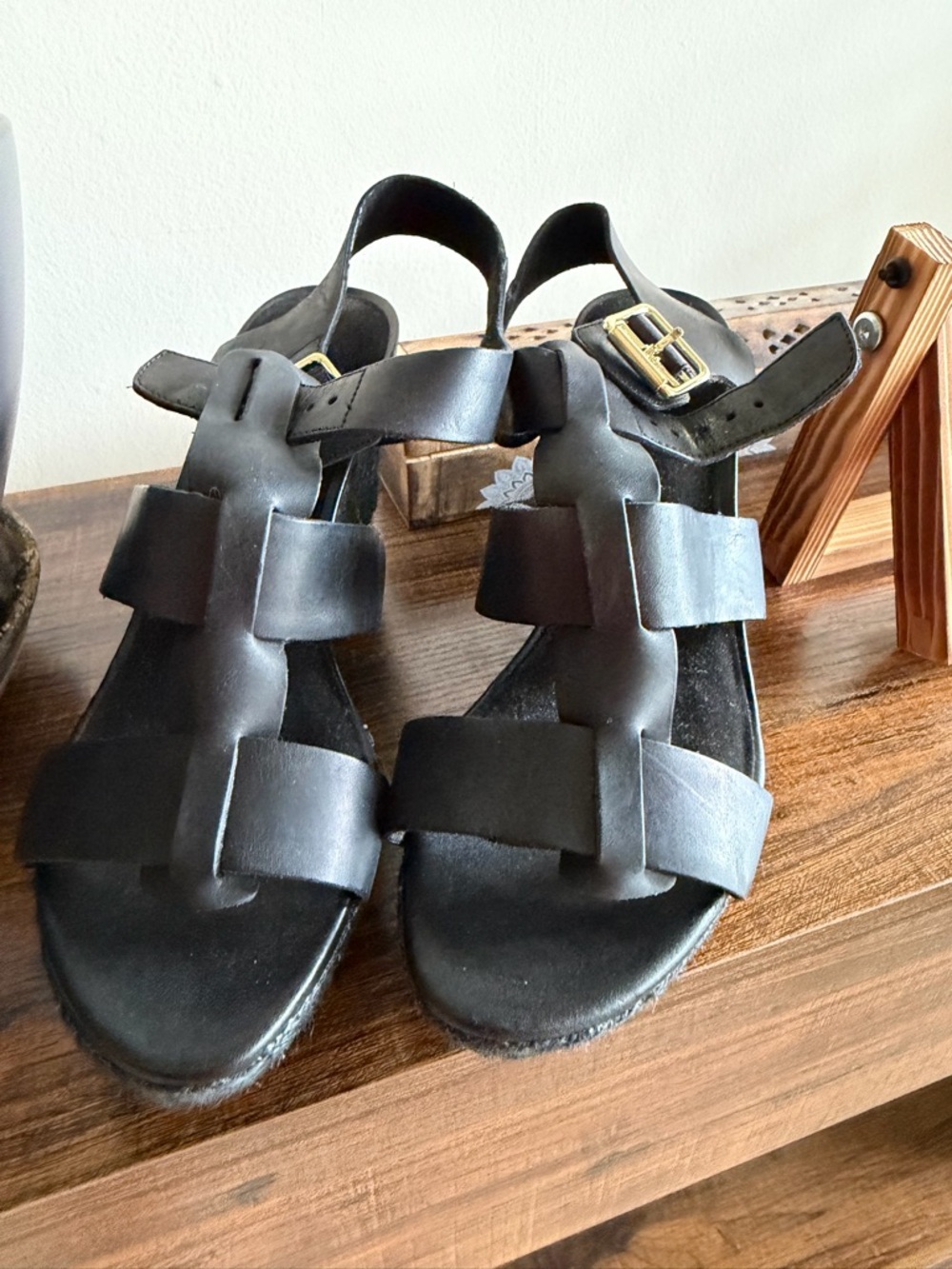 Clarks Black Wedge Espadrille Sandals with Gold Buckle - Picture 2 of 3